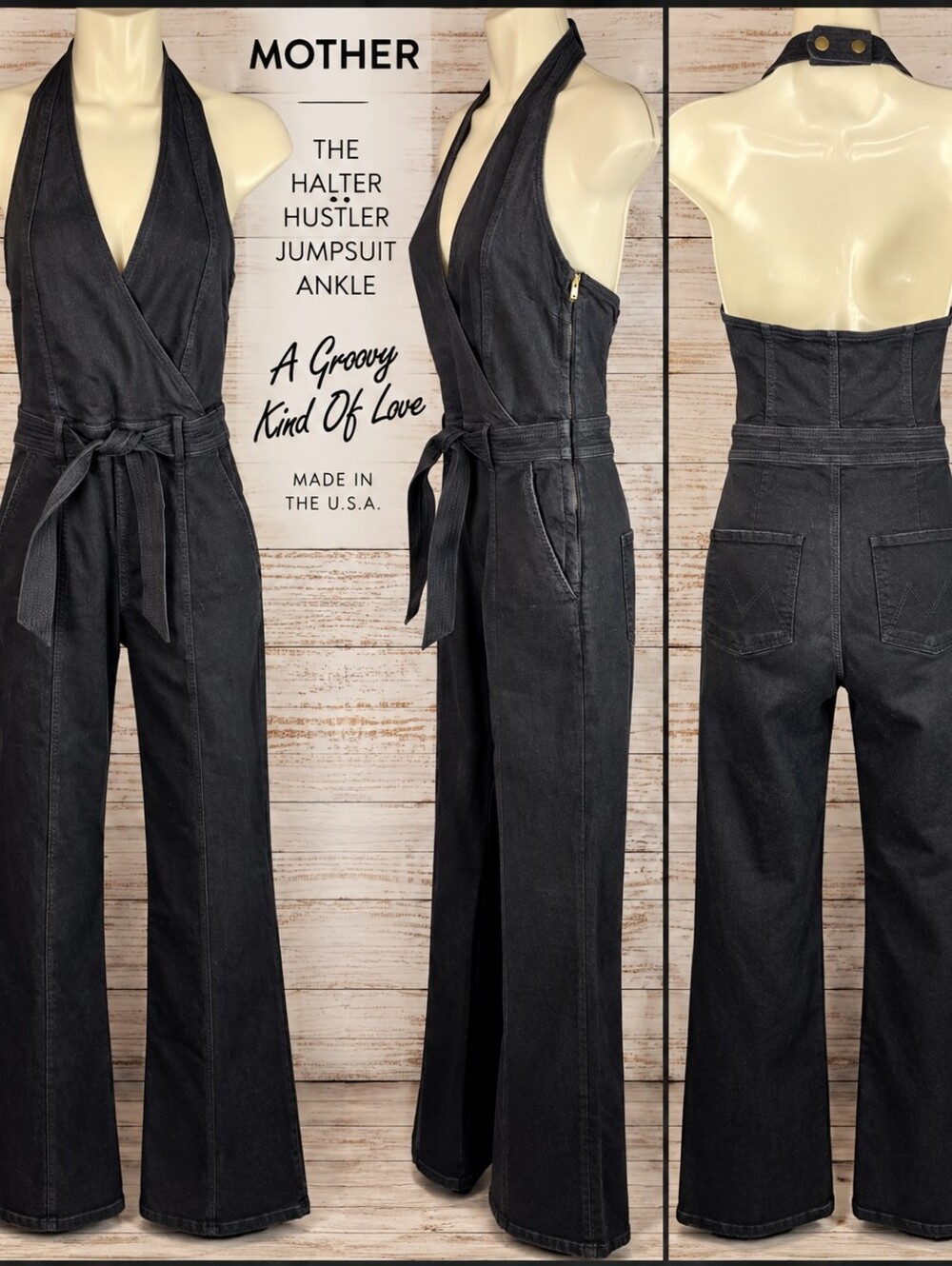 MOTHER The Halter Snoozy Jumpsuit Size 27 Not Guilty Black Denim Wide Leg